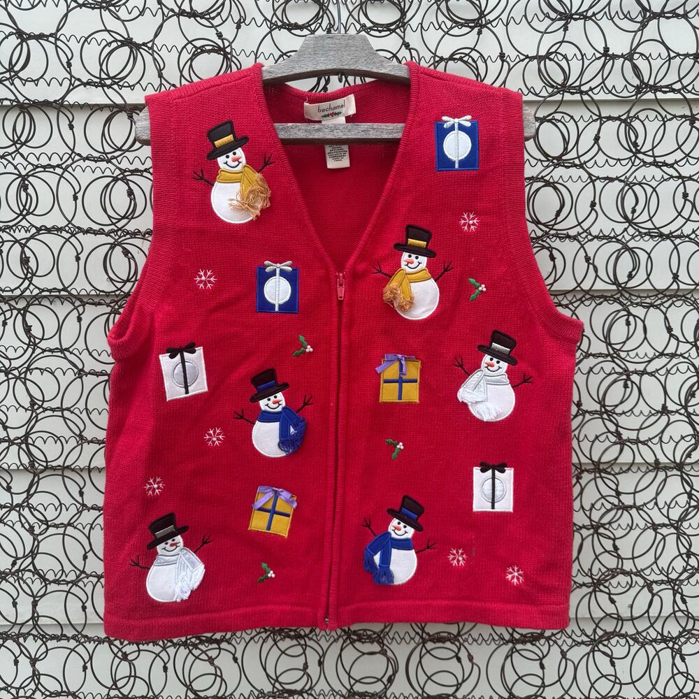 Vintage 90s Bechamel Ugly Christmas Sweater Vest Snowmen Presents Zip Up LARGE